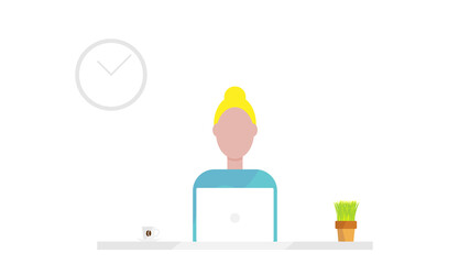 image in a minimalist style depicting a girl working at a white table, at a white computer in a white office, to the right of the girl is a clay flower pot with green grass