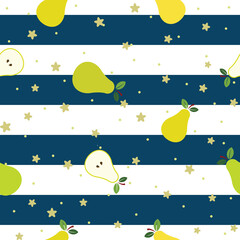 Green pear, flat vector illustration over blue and white stripes and gold stars background, seamless pattern	
