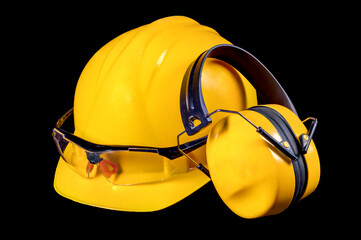 Helmet and hearing protection for personal protection. Health and safety accessories for production workers.