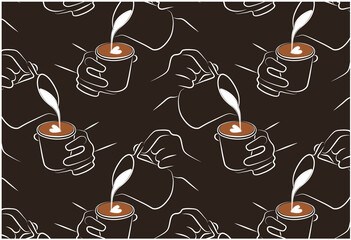 Line art pattern of barista making a coffee with milk on brown background. Chalk drawing hands, cup of coffee, mug of cappuccino, latte art. Wallpaper for cafe menu, packaging. Vector illustration - 428902727