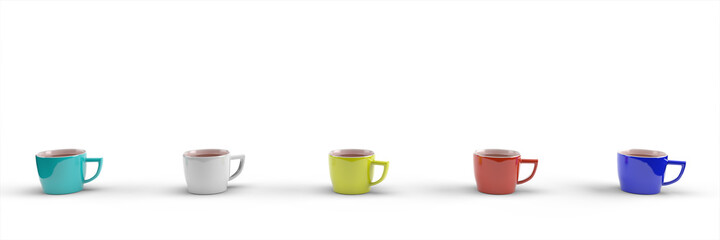 Five colored coffee cups on a white background. Minimalistic concept. 3d rendering