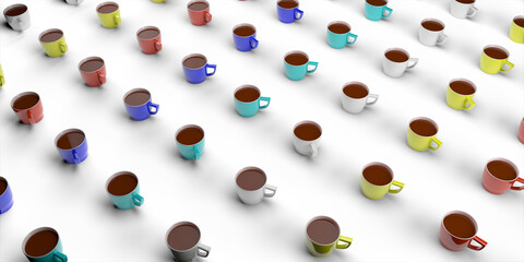 A pattern of many coffee cups on a white background. Minimalistic concept. 3d rendering