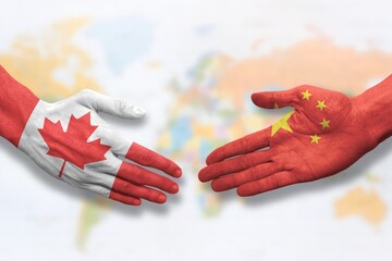 Canada and China - Flag handshake symbolizing partnership and cooperation