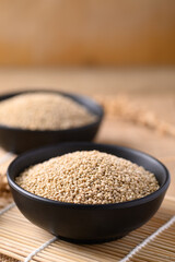 Brown quinoa seeds in a bowl, Edible seeds are high protein, Healthy food