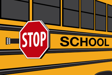 Side view of a yellow school bus with red stop sign - Vector Illustration