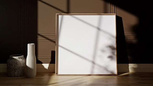 Frame Mockup video with intense sunlight shadow and dust interior design square