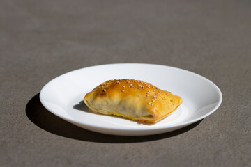 Homemade baked lamb samsa topped with sesame seeds on a white plate isolated on a gray background. Selective focus. Samsa is a savory pastry in Central Asian cuisines.