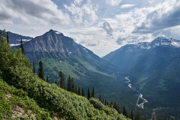 View over valley with mountains in Glaciers National Park