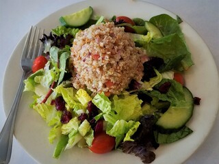 Colorful and Healthy Mediterranean Salad with Couscous and Veggies, Top View; Healthy Eating, Dieting Ideas