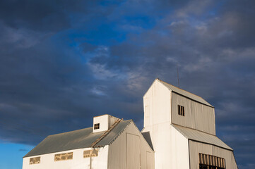 Grain storage silos. Granary with mechanical equipment for receiving, cleaning, drying, grain shipment.