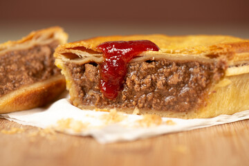 Detailed closeup of a fresh baked Australian plain mince pie.