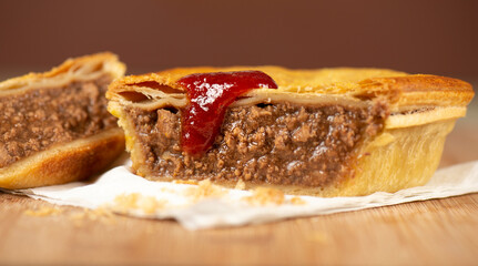 Detailed closeup of a fresh baked Australian plain mince pie.