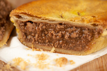 Detailed closeup of a fresh baked Australian plain mince pie.