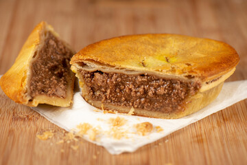 Detailed closeup of a fresh baked Australian plain mince pie.