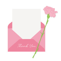 Illustration with carnation flower illustration and blank letter frame. "Thank you" typography.