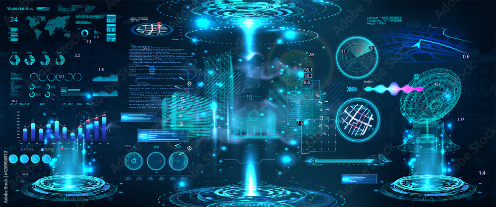 Poster Advance control center with HUD UI. Building Information Modeling with Futuristic User Interface. Smart technology IOT for city and buildings. Scifi 3D hologram models with HUD. Vector illustration