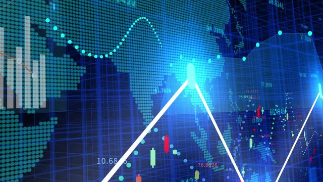 4K financial stock chart;Business tech digital Data trend hud Graph;Financial business diagram with charts and stock numbers showing profits and losses over time dynamically.world map.
