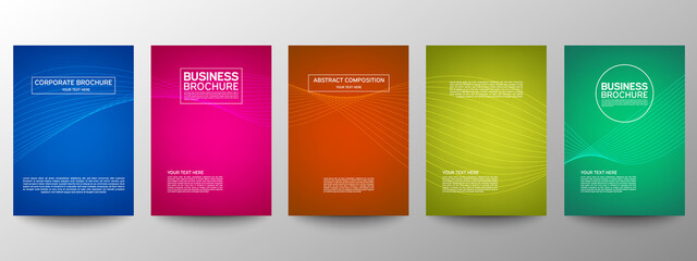 Cover geometric minimal. Set. Vector abstract line pattern for poster design. Set of templates for business brochures. Cool gradients. Graphic pattern for annual album backdrop.