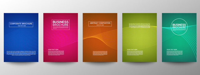 Cover geometric minimal. Set. Vector abstract line pattern for poster design. Set of templates for business brochures. Cool gradients. Graphic pattern for annual album backdrop.
