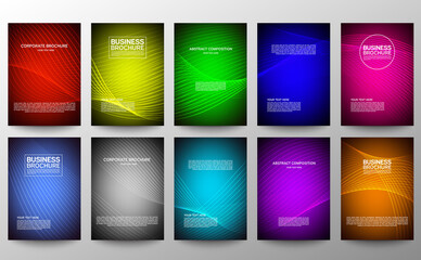 Cover geometric minimal. Set. Vector abstract line pattern for poster design. Set of templates for business brochures. Cool gradients. Graphic pattern for annual album backdrop.