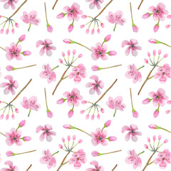 Seamless pattern with cherry flowers and buds on a white background. The illustration is hand-drawn in watercolor. Can be used on fabric, covers, wrapping paper, scrapbooking, wallpaper.