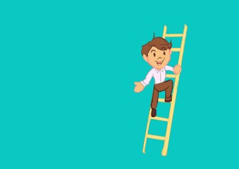 man on a ladder, moving up the organizational hierarchy, ladder to success. Metaphor for professional and office life.