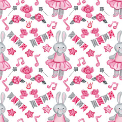 Hand drawn watercolor kid's pattern with bunny toy, dress, Pink accent.Children background