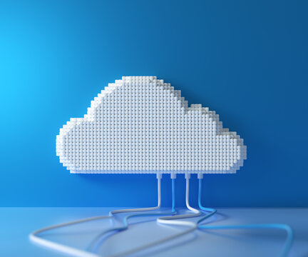 Cloud computing service, cloud data storage technology hosting concept. Pixel art box connection cloud on blue background. 3D render illustration.