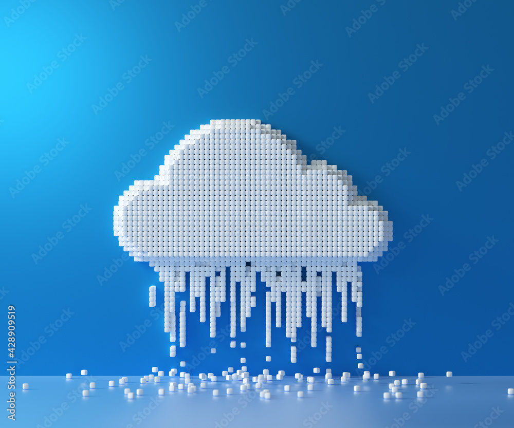 Poster cloud computing service, cloud data storage technology hosting concept. pixel art box connection clo