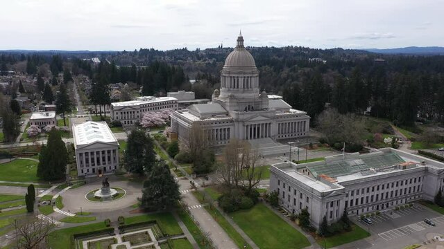 Cinematic aerial drone clip of the springtime cherry blossoms at the Washington State Capitol Building and Campus, Capitol Lake, with a panoramic view of Historic District in Olympia, Washington