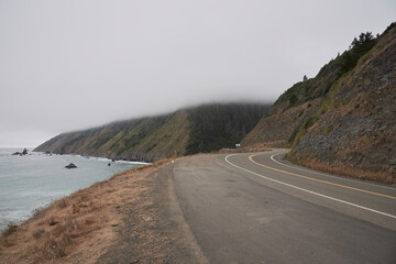 Coastal Route 101 with fog and pacific Ocean