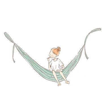 A young woman sitting on hammock and brushing teeth 