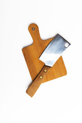 knife hatchet and cutting board top view