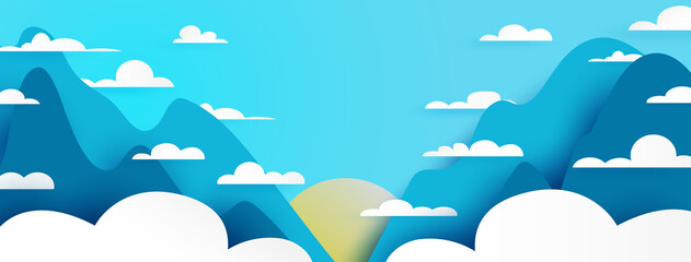 Mountains,clouds and blue sky.Nature landscape scenery banner background paper art style.Vector illustration.