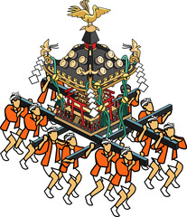 浅草神社の三社祭-赤い法被の男たちが担ぐ