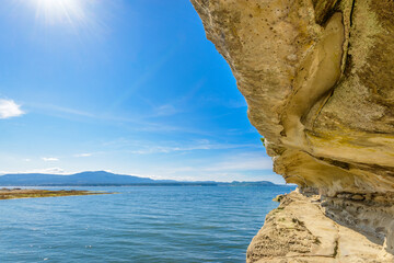 Rocky beach and ocean scenic for vacations and summer getaways. Famous Galaspina Rock Gallery at Gabriola Island, BC, Canada.