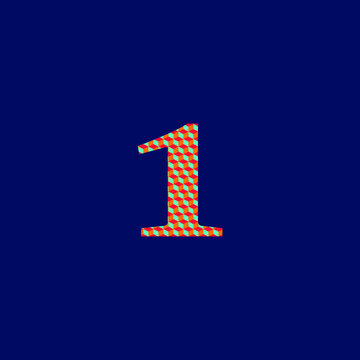 1 number admiration symbol  with textured volume orange red and blue colors on blue background 