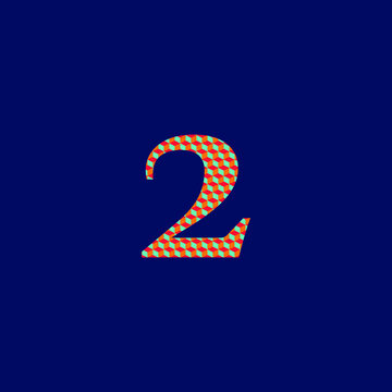 2 number admiration symbol  with textured volume orange red and blue colors on blue background 