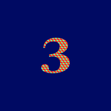3 number admiration symbol  with textured volume orange red and blue colors on blue background 