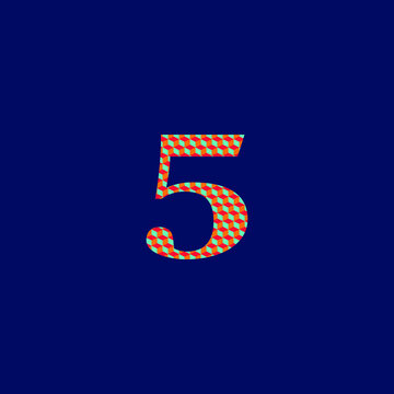 5 number admiration symbol  with textured volume orange red and blue colors on blue background 