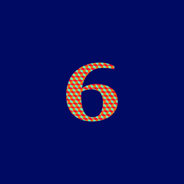6 number admiration symbol  with textured volume orange red and blue colors on blue background 