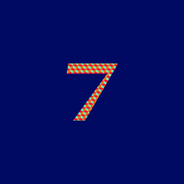 7 number admiration symbol  with textured volume orange red and blue colors on blue background 
