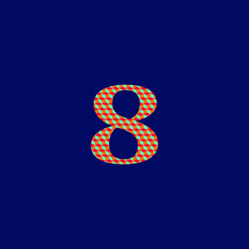 8 number admiration symbol  with textured volume orange red and blue colors on blue background 