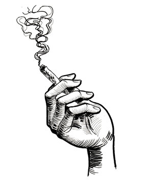 Ink black and white drawing of a hand with a smoking marijuana joint