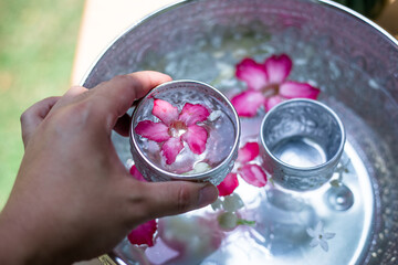 Close-up background Of Buddha images and flowers for ceremonies on auspicious days (New Year, Songkran Festival)
