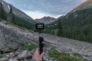 Fototapeta na wymiar Using a action camera out in the wilderness of the Colorado Rocky Mountains