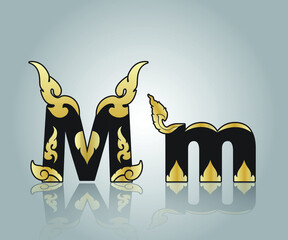 Alphabet Letter M with Abstract Line Laos, Art Font designed for Artwork, Symbol, Typing Design, Tattoo, Logo, Screen Printing, Pattern, Texture, Background, Stencil Woodwork, Paper Art