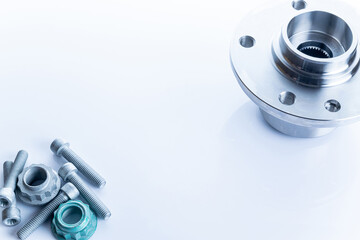 Accessories for cars. Set of new metal car part. Auto motor mechanic spare or automotive piece isolated on white background. Repair and vehicle service.