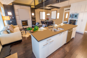 Modern, bright, clean, kitchen interior with stainless steel appliances in a luxury house