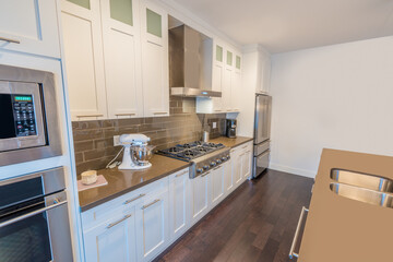 Modern, bright, clean, kitchen interior with stainless steel appliances in a luxury house